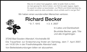 Traueranzeige von Richard Becker von HNA