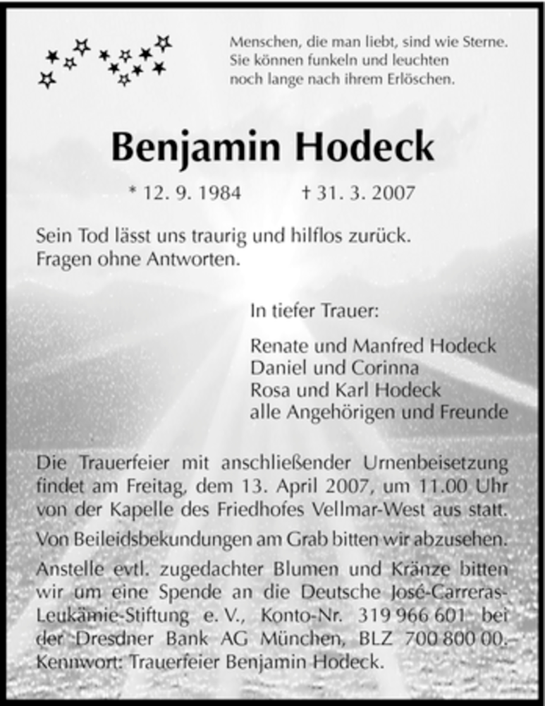  Traueranzeige für Benjamin Hodeck vom 07.04.2007 aus HNA