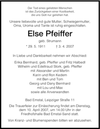 Traueranzeige von Else Pfeiffer von HNA