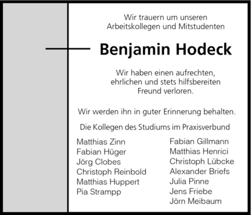  Traueranzeige für Benjamin Hodeck vom 10.04.2007 aus HNA