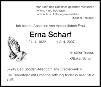 Traueranzeige von Erna Scharf von HNA
