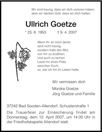 Traueranzeige von Ullrich Goetze von HNA