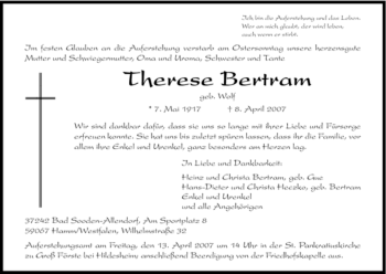 Traueranzeige von Therese Bertram von HNA