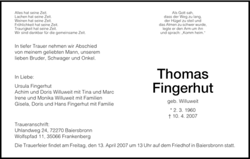  Traueranzeige für Thomas Fingerhut vom 11.04.2007 aus HNA