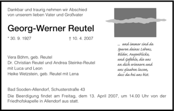 Traueranzeige von Georg-Wilhelm Reutel von HNA