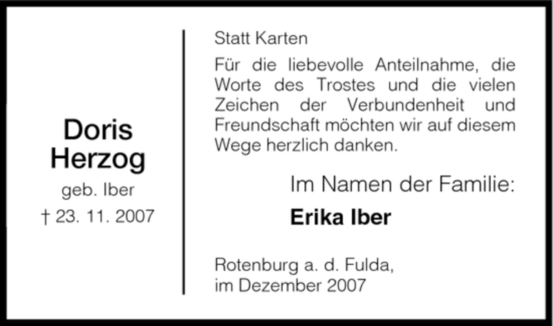  Traueranzeige für Doris Herzog vom 28.12.2007 aus HNA