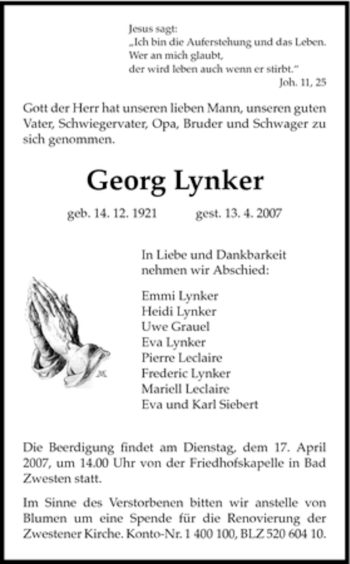 Traueranzeige von Georg Lynker von HNA