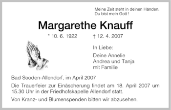 Traueranzeige von Margarethe Knauff von HNA