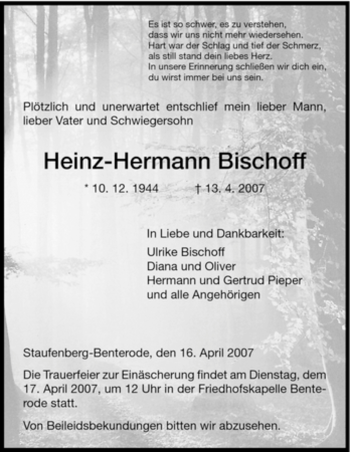 Traueranzeige von Heinz-Hermann Bischoff von HNA