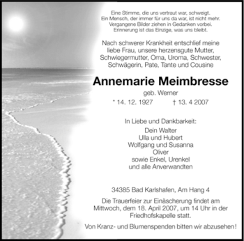 Traueranzeige von Annemarie Meimbresse von HNA