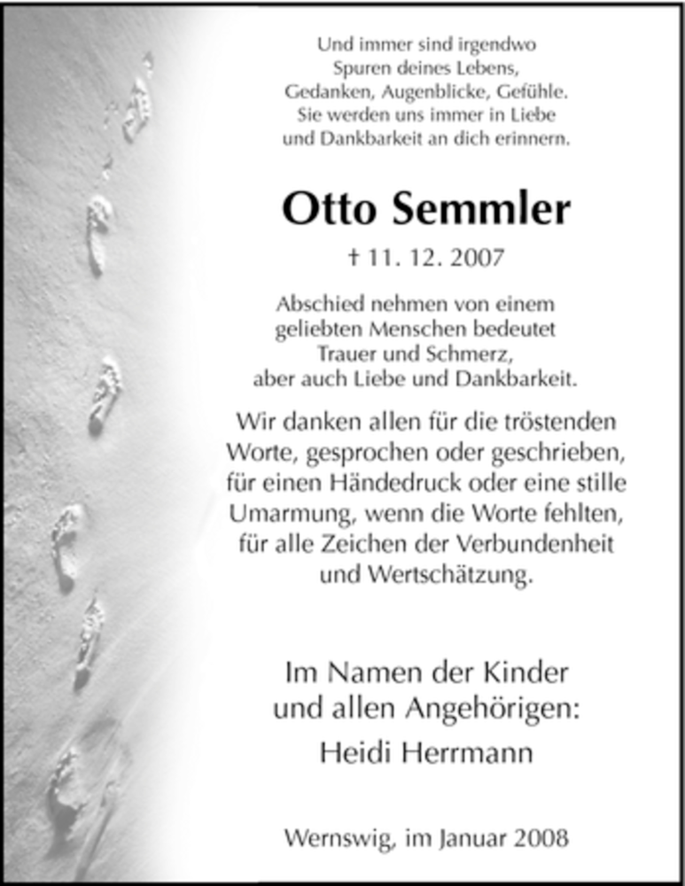  Traueranzeige für Otto Semmler vom 05.01.2008 aus HNA