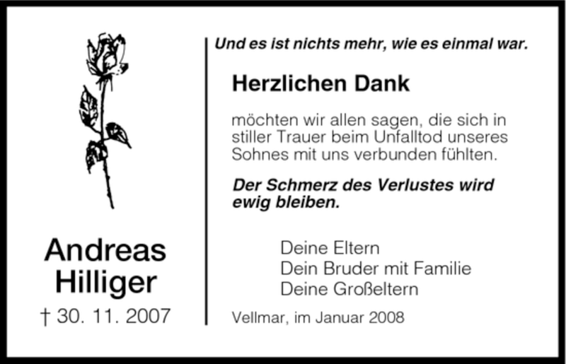  Traueranzeige für Andreas Hilliger vom 05.01.2008 aus HNA