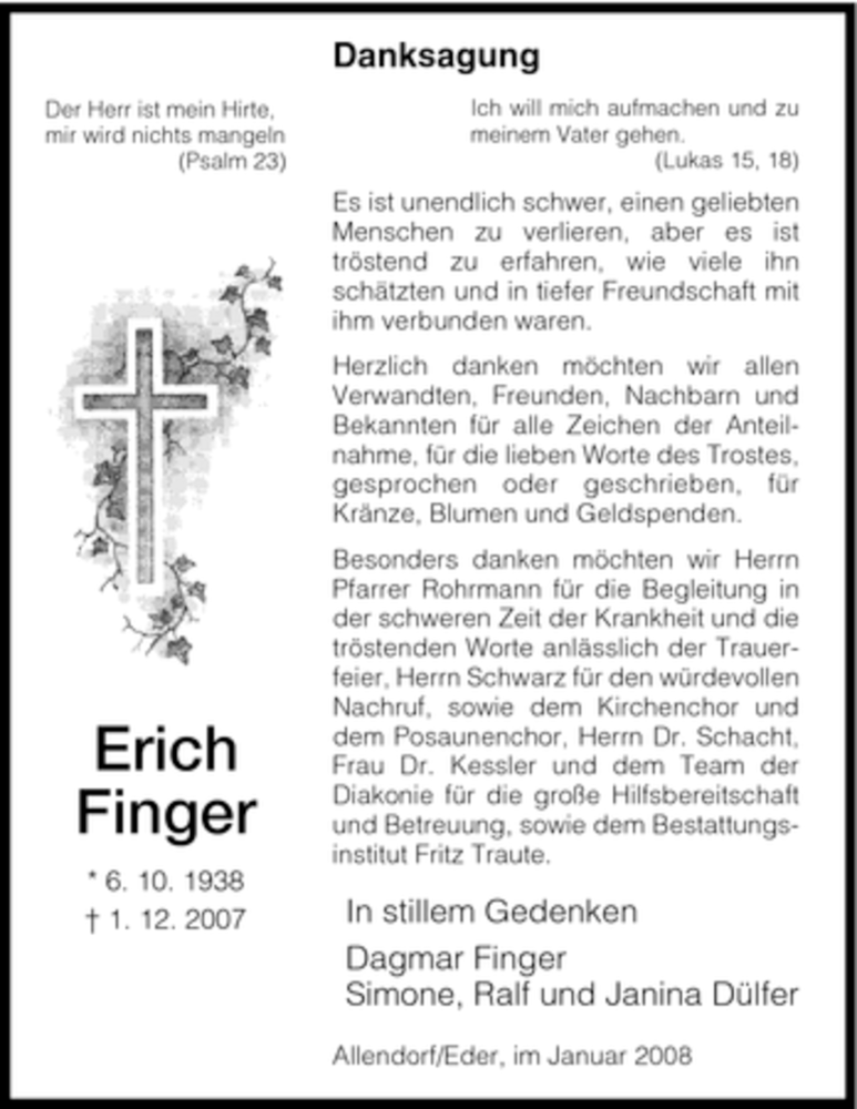  Traueranzeige für Erich Finger vom 05.01.2008 aus HNA
