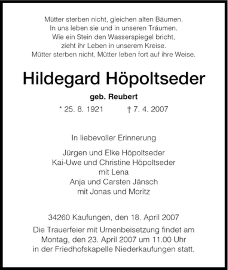  Traueranzeige für Hildegard Höpoltseder vom 18.04.2007 aus HNA