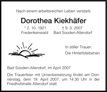 Traueranzeige von Dorothea Kiekhäfer von HNA