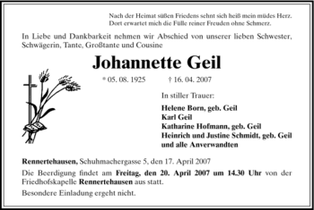 Traueranzeige von Johannette Geil von HNA
