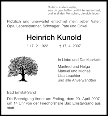 Traueranzeige von Heinrich Kunold von HNA