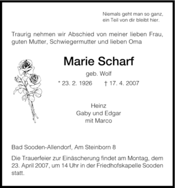 Traueranzeige von Marie Scharf von HNA