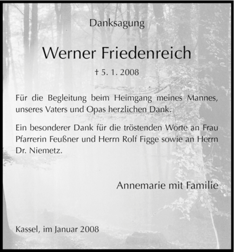  Traueranzeige für Werner Friedenreich vom 16.01.2008 aus HNA
