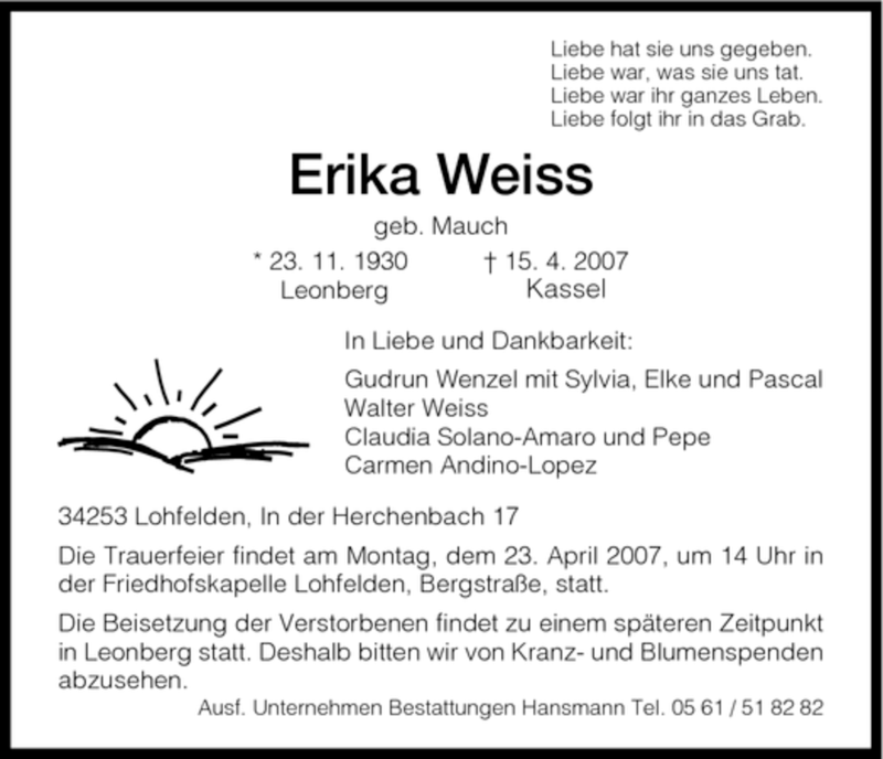  Traueranzeige für Erika Weiss vom 21.04.2007 aus HNA