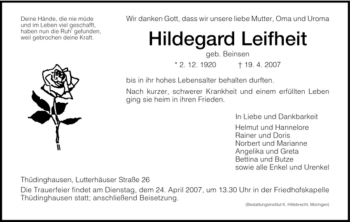 Traueranzeige von Hildegard Leifheit von HNA