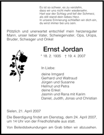 Traueranzeige von Ernst Jordan von HNA