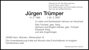 Traueranzeige von Juergen Truemper von HNA