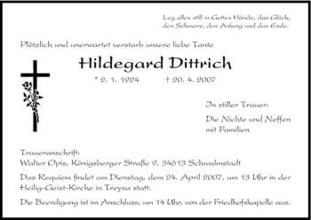 Traueranzeige von Hildegard Dittrich von HNA