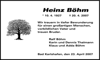 Traueranzeige von Heinz Böhm von HNA