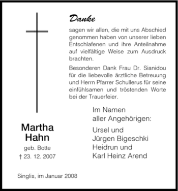 Traueranzeige von Martha Hahn von HNA