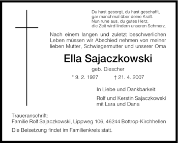 Traueranzeige von Ella Sajaczkowski von HNA