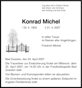 Traueranzeige von Konrad Michel von HNA