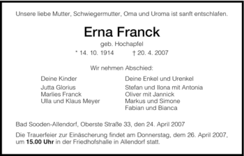 Traueranzeige von Erna Franck von HNA