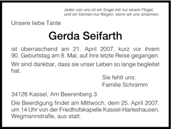 Traueranzeige von Gerda Seifarth von HNA