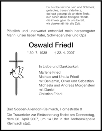 Traueranzeige von Oswald Friedl von HNA