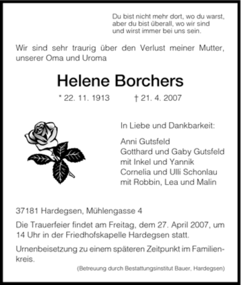 Traueranzeige von Helene Borchers von HNA