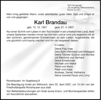 Traueranzeige von Karl Brandau von HNA