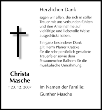 Traueranzeige von Christa Masche von HNA