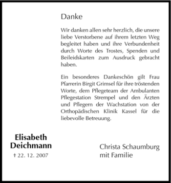 Traueranzeige von Elisabeth Deichmann von HNA