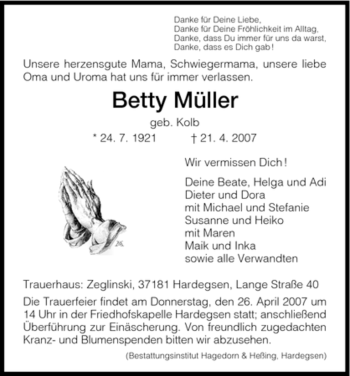 Traueranzeige von Betty Müller von HNA