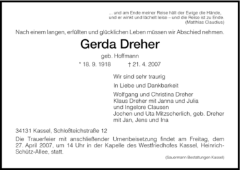Traueranzeige von Gerda Dreher von HNA