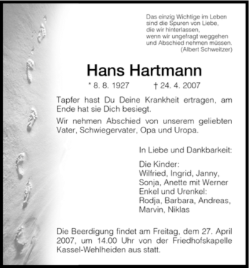 Traueranzeige von Hans Hartmann von HNA