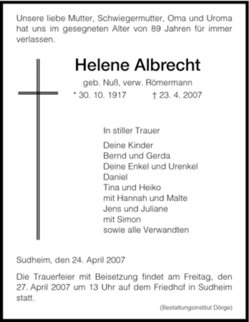 Traueranzeige von Helene Albrecht von HNA