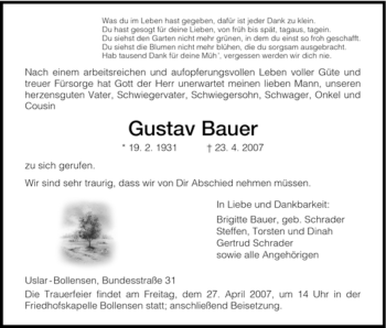 Traueranzeige von Gustav Bauer von HNA
