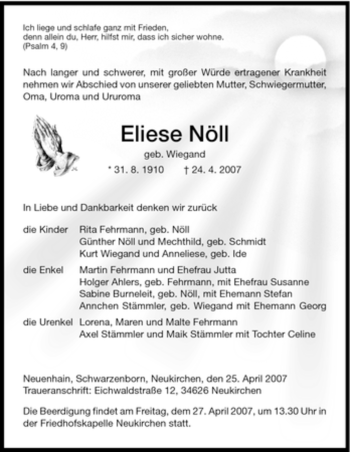 Traueranzeige von Eliese Nöll von HNA