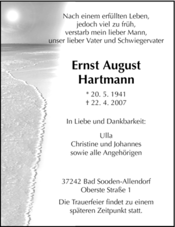 Traueranzeige von Ernst August Hartmann von HNA