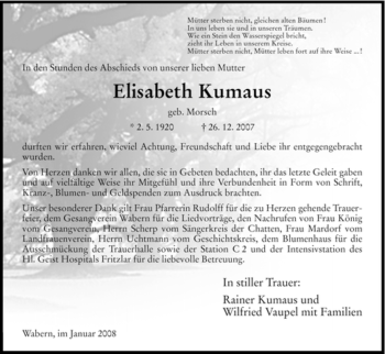 Traueranzeige von Elisabeth Kumaus von HNA