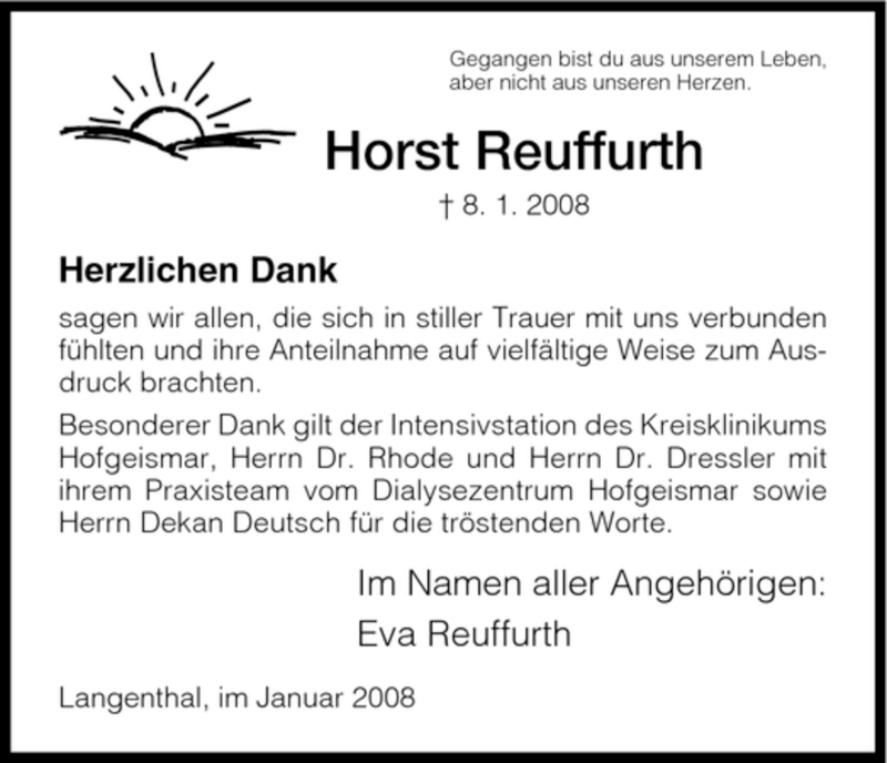  Traueranzeige für Horst Reuffurth vom 26.01.2008 aus HNA