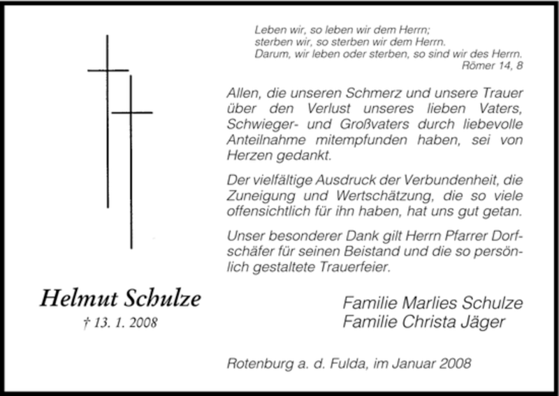  Traueranzeige für Helmut Schulze vom 26.01.2008 aus HNA