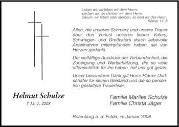 Traueranzeige von Helmut Schulze von HNA